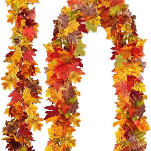 wohohoho 2 Packs Fall Garland Maple Leaf, 5.9Ft/Pieces Fall Leaves Garland 7 Maple Leaves Hanging Vines for Autumn Decor Halloween Thanksgiving Christmas Indoor Outdoor Decorations