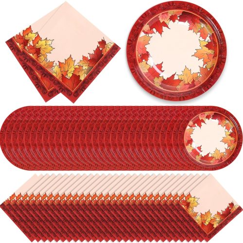 Zhehao 120 Pcs Thanksgiving Fall Paper Plates and Napkins Sets Disposable Party Supplies Fall Maple Leaf Dessert Plates Dinner Napkins for Autumn Harvest Party Decoration
