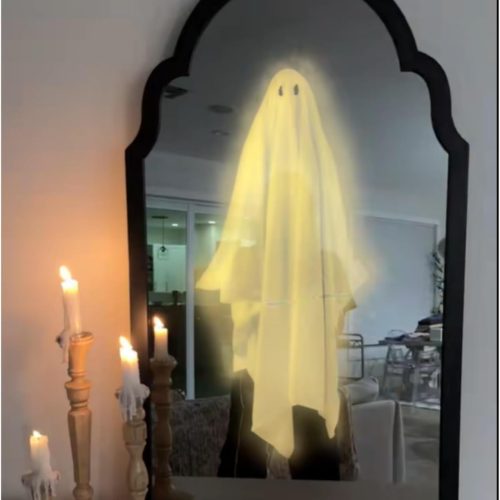 KYWYOYOU 2025 Novelty Ghost Mirror with LED Lights – Scary Holographic Mirror with Haunted Ghost Figure, Halloween Indoor Decoration for Bedroom, Bathroom, Fireplace, DIY Wall Decor (Style A-Small)