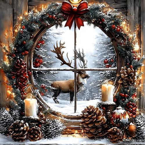 LWZAYS 5D Diamond Painting Kits for Adults, Christmas Elk Diamond Art Kits for Adults Beginner, DIY Full Round Drill Christmas Wreath Gem Art Kits for Home Wall Decor 14 x 14Inch