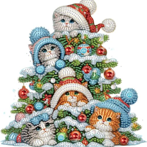 5D Special Shape Diamond Art Kits for Beginners, Diamond Art Painting Kits for Adults, Crystal Rhinestones Diamond Painting for Home Wall Christmas Decoration Gift 12×12 inch, Christmas Tree and Cats