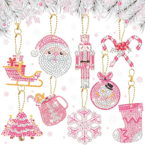 9 Pcs Pink Christmas 5D Diamond Painting Keychains Nutcracker Santa Claus Make Your Own GEM DIY Paint by Numbers Merry Xmas Winter Holiday Art Crafts Hanging Ornaments Party Favors Gifts for Beginners