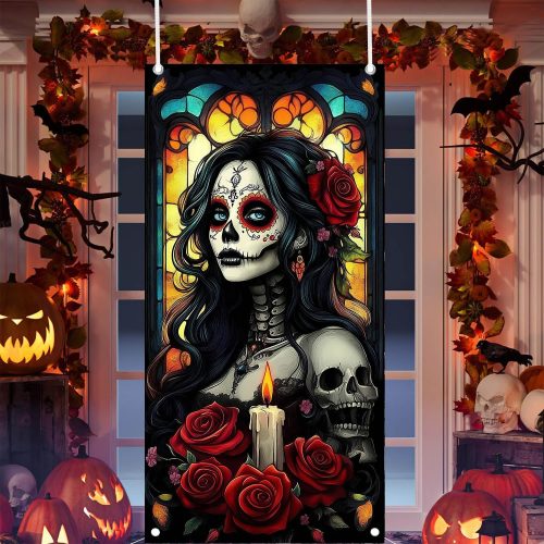 Day of The Dead Door Cover Dia De Los Muertos Porch Sign Banner Gothic Halloween Sugar Skull Rose Mexican Fiesta Party Decorations and Supplies for Home
