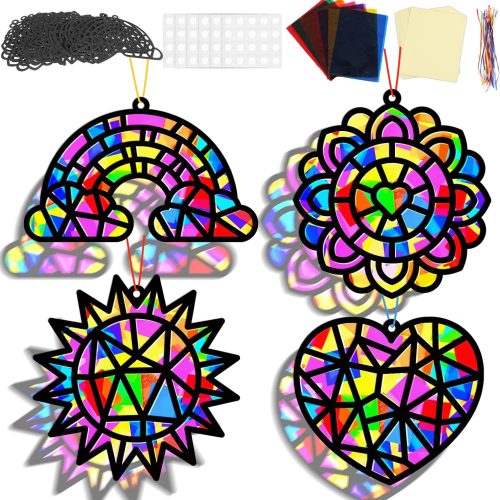 32 Sets Fall Crafts Suncatchers Kit for Kids DIY Rainbow Window Stained Glass Effect Paper Summer Fall Home School Classroom Decoration Back to School Art Craft Creative Activity Project Party Favors