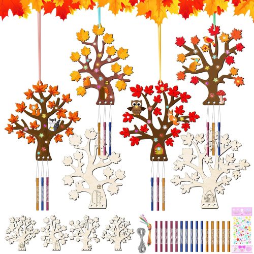 12 Pack Fall Wind Chime Kit for Kids Make You Own Tree Wind Chime DIY Coloring Leaves Shape Wooden Arts Trees Craft for Girls Boys Activity Birthday Autumn Party Deocration
