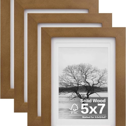 Egofine 5x7 Picture Frames 4 Pack Made of Solid Wood Covered by Plexiglass Matted for 4x6 or 3.5x5 for Table Top Display and Wall Mounting Photo Frame, Light Brown