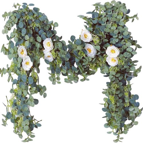 Eucalyptus Garland with 8 White Roses, 6.56Ft Artificial Floral Vines Greenery Garland, Fake Hanging Plants for Home Room Backdrop Arch Wall Table Party Indoor Outdoor Mantle Festival Wedding Decor