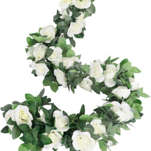 LESING Rose Garlands Artificial Rose Vines,4PCS(28.8FT) Fake Silk Flower Garland with Greenery Plants Wedding Hanging Flower Vines Garlands for Home Office Arch Garden Decoration (White)