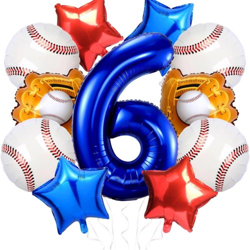Baseball Balloons Birthday Decorations for Boys 6th Birthday Dodgers Balloons 40in Gaint Blue Foil Mylar Number Balloons for Dodgers Party Decorations Red White and Blue Balloons(6 Birthday Balloon)