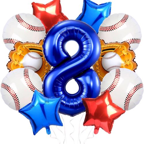 Baseball Balloons Birthday Decorations for Boys 8th Birthday Dodgers Balloons 40in Gaint Blue Foil Mylar Number Balloons for Dodgers Party Decorations Red White and Blue Balloons(8 Birthday Balloon)