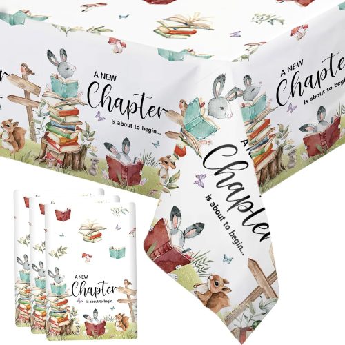 MEHOFOND 3 Pack Book Themed Baby Shower Tablecloth, A New Chapter is About to Begin Book Club Tablecloth Decoration, Storybook Baby Shower Table Cover, Library Reading Party Table Cover Decor