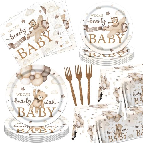 Plates and Napkins Set, Bear Baby Shower Decoration Brown Bear Tableware Tablecloth for Boy Girl Baby Shower Gender Reveal Birthday Supplies