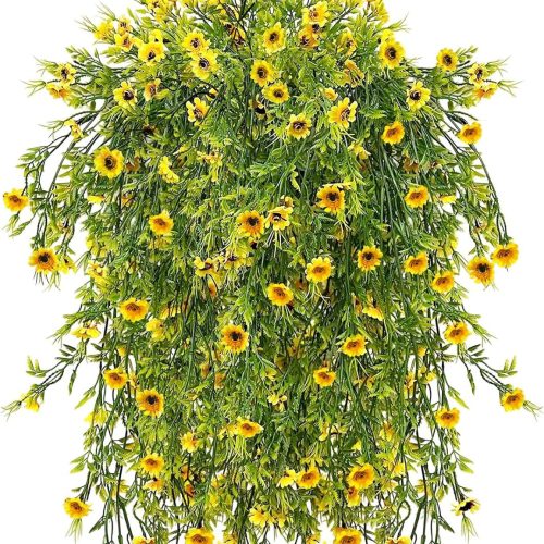 Daily Treasures Artificial Hanging Flowers Plants for Outdoor,4Pack Bright Yellow Outdoor Daisy,45 Heads Hanging Faux Flowers for Outside Home Indoor Planter Porch Garden Yard Spring and Summer Decor