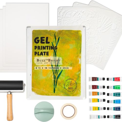 BuzzBright Gel Printing Plate kit, Complete Printmaking Set with 8”X10” Gelatin Plate, Brayer, Printmaking Paper, Acrylic Paint and Essential Tools for Mixed Media Art, Monoprinting, Card Making