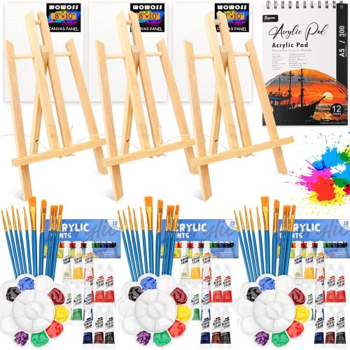 WOWOSS 3-Set Acrylic Paint Set, Sip and Paint Kit for Adults Kids Beginners, Date Night Painting Kit for Couples with 3 Canvas,3*12 Colors,3 Wooden Easels,3*10 Brushes,3 Palettes,1 Acrylic Paper Pad