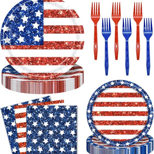 96 Pieces American Flag Patriotic Plates and Napkins Tableware Set - 4th of July Disposable Paper Plates, Napkins and Forks for Independence Day Memorial Day Veterans Day Party Decorations
