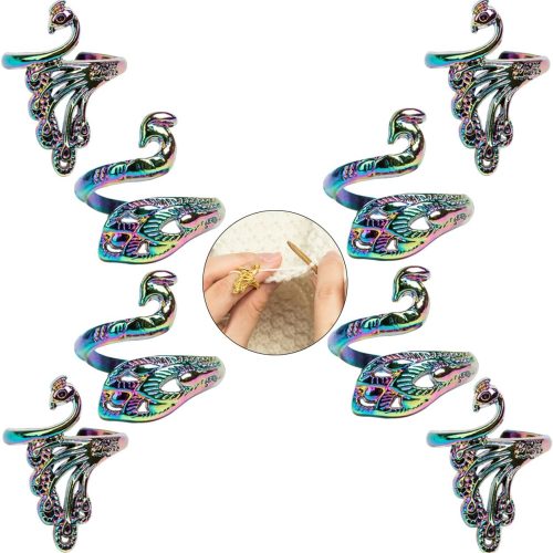 ZESION 8 Adjustable Peacock Crochet Rings, Knitting Rings Wool Guide Finger Holder for Quilting Sewing Crafts DIY Hand Knitting Tools/Dazzling Color