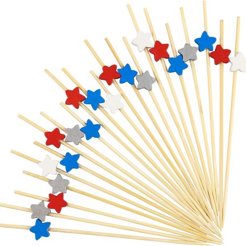 100PCS Star Cocktail Picks 4.7 Inch, Red White Blue Patriotic Toothpicks Bamboo Appetizer Toothpicks Food Picks for 4th of July Independence Day Party Food Decoration Supplies(Star)