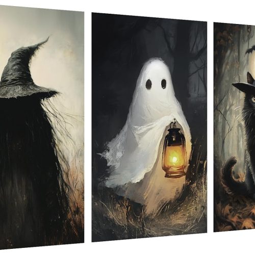 Halloween Decorations Indoor Wall Decor: 3 pcs Large Scary Witch Ghost Black Cat Canvas Poster, Classic Horror-themed Halloween Wall Art, Goth Dark Moody Paintings for Living Room Bedroom, Unframed