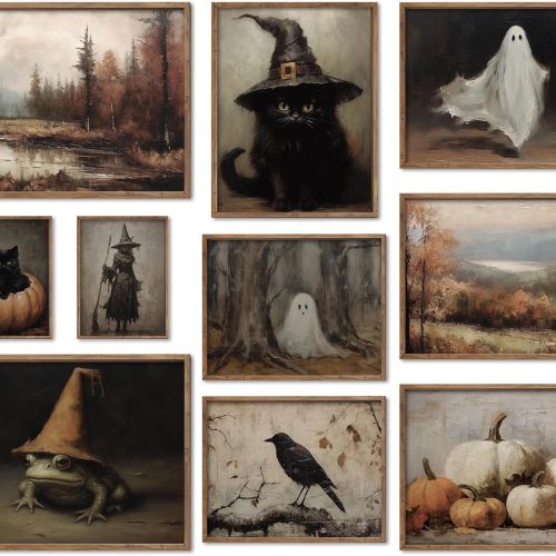 JarThenaAMCS 10Pcs Halloween Wall Art Prints Vintage Gothic Witchy Wall Decor Dark Academia Ghost Black Cat Art Poster for Gallery Living Room Bedroom Decor (UNFRAMED)