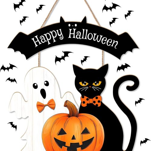 Halloween Decorations Outdoor/Indoor,Home Decor Wooden Welcome Sign Wall/Door,Cute Ghost/Black Cat/Pumpkin Hanging Decor,Durable Fall Wreaths for Horror party (Halloween)