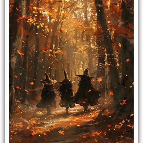 Generic Horror Halloween Home Decor Posters Three Witches Gather in The Maple Forest Vintage Gothic Wall Decor Autumn Beautiful Witches Forest Canvas Art Wall Decor for Living Room 12x16in Unframed