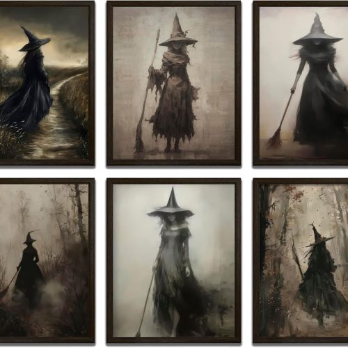LANCHI95 6 Pcs 8x10in Vintage Rustic Witch Posters Halloween Wall Art Witch in The Forest Painting Prints Goth Dark Moody Wall Decor for Living Room Bedroom 8x10 in (UNFRAMED)