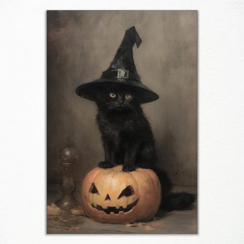 ogyormpi Vintage Halloween Canvas Wall Art, Cute Black Cat Witchy Print Poster, Retro Funny Lighted Pumpkin Decoration, Victorian Gothic Wiccan Artwork, Creepy Halloween Pictures 12x16in Unframed