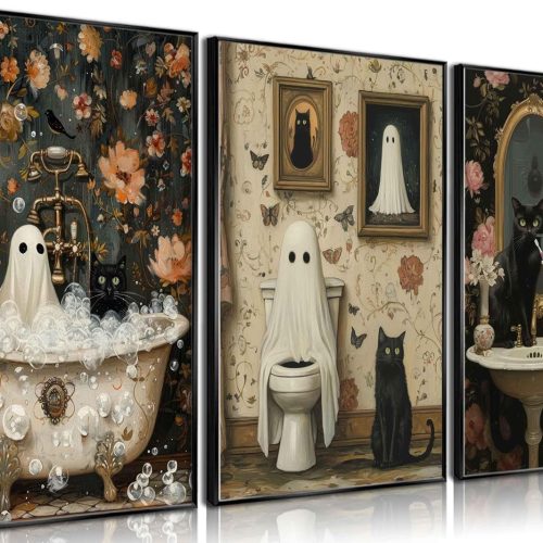 3Pcs Halloween Ghosts Posters Wall Art Horror Ghost and Black Cat in Bathroom Wall Decor Pictures Retro Horror Creepy Dark Academia Prints for Bathroom Gallery Home Decoration