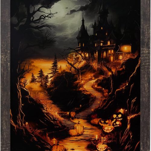 ArtbyHannah Lighted Halloween Wall Decor, Spooky Wall Art with Gothic Haunted Mansion & Pumpkins Pictures for Kitchen Mantel Entryway Indoor Decorations (12×16 Inch)