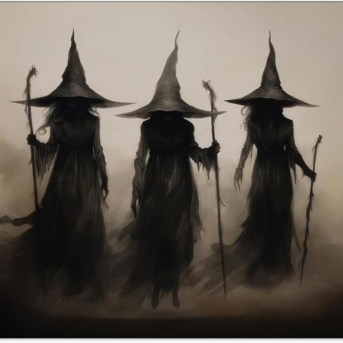 WBSTGUE Creepy Witchy Wall Art Moody Dark Gothic Posters Halloween Vintage Room Decor Aesthetic Three Witches Holding Magic Wands Prints Vintage Rustic Wall Decor 12x16inch Unframed