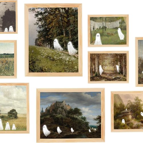 SanArt Ghost Halloween Wall Art Prints - Vintage Posters, Cute Aesthetic Pictures for Bedroom Decor (UNFRAMED)
