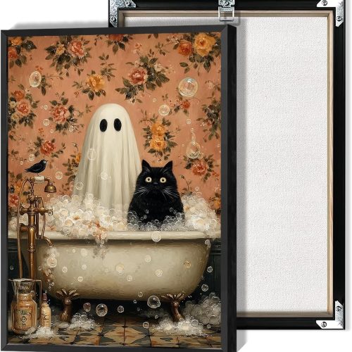 horakey Vintage Ghost And Black Cat In Bathtub Posters Cute Bubblebath Flower Canvas Wall Art Spooky Halloween Prints Painting For Bathroom Home Bedroom Dorm Wall Decor 12x16in Unframed