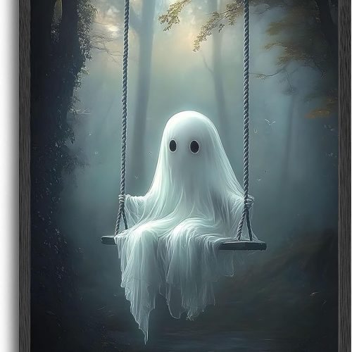 ILLBDR Cute Ghost Canvas Wall Art Halloween Decor Vintage Painting, Spooky Silhouette Ghost Haunted House Art, Bedroom Gothic Decor Ready to Hang, 16x24 Inch Unframed