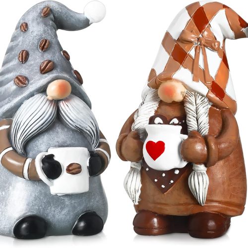 Chunful 2 Pcs Coffee Gnomes Figurines Coffee Bar Decor Accessories Fall Decorations Cute Resin Gnomes Gifts for Home Swedish Elf Dwarf Tomte Tiered Tray Collectible Decor