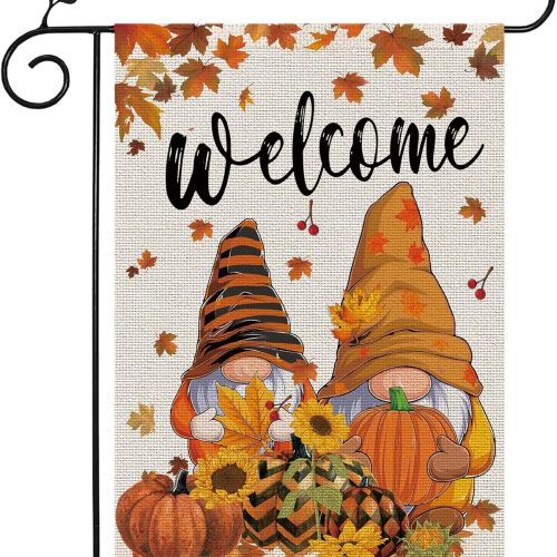 Sggvecsy Fall Garden Flag Gnomes Yard Flag Autumn Pumpkins Burlap Harvest Maple Leaves Sunflower Vertical Double Sided Welcome Sign for Outdoor Yard Farmhouse Rustic Thanksgiving Decoration 12.5 x 18