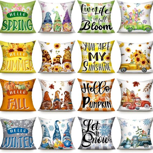 Preboun 16 Set Holiday Pillow Covers 18 x 18 Inch Fall Throw Pillow Covers Seasonal Pillowcases Winter Gnome Pillowcases Summer Sunflower Spring Flower Plaid Cushion for Home Farmhouse Decor