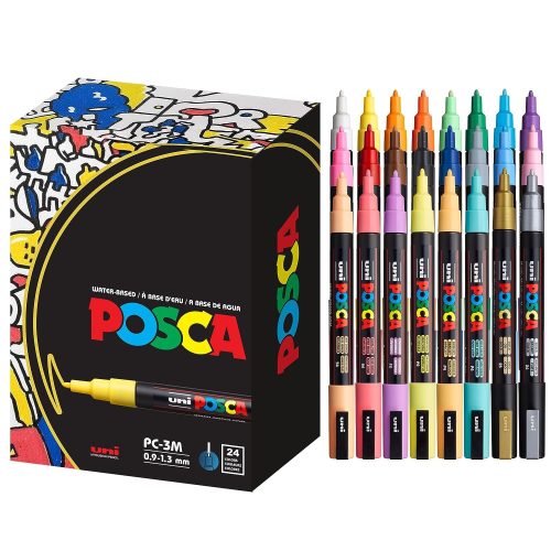 Posca Paint Markers, 3M Fine Acrylic Markers with Reversible Tips, Art Supplies For Fabric, Metal, Glass, Rocks and Canvas, Assorted Colors, Set of 24