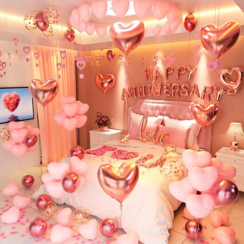 Anniversary Decorations, Happy Anniversary Balloons Banner, Pink Heart Balloons Heart Hanging String Pink Rose Petals for Wedding and Valentines Day Romantic