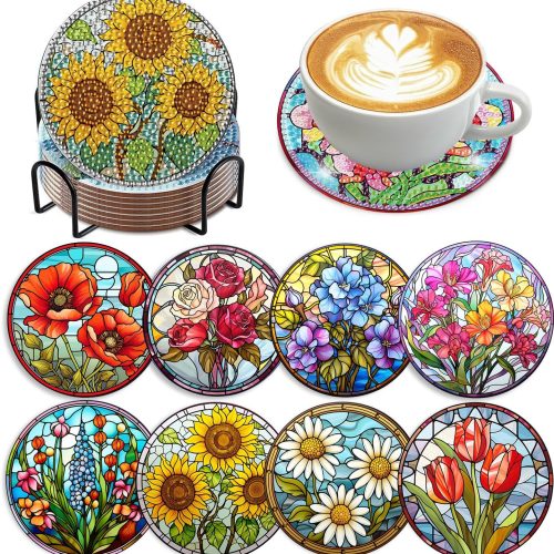 8 PCS Flowers Diamond Art Coasters Kits, Diamond Painting Coasters with Holder Set of 8, DIY Drink Coasters Art Crafts Supplies for Adults Cup Mat for Home Decor House Warming Gifts Non-Slip 3.9inch