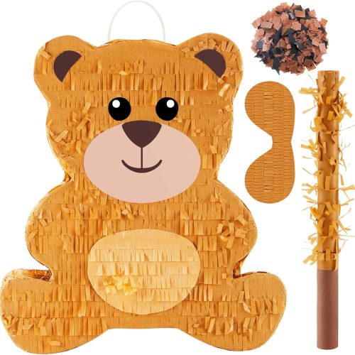 Lewtemi 14.5 Inch Bear Piñata Bear Themed Birthday Party Supplies Animal Piñata with Wood Bat Stick, Paper Blindfold and Confetti for Valentine Baby Shower Party Decor Kid Adult Boy Girl