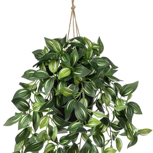 Briful Artificial Hanging Plants in Black Pot 17.7" Lifelike Trailing Faux Watermelon Peperomia Silk Plant with Cascading Green Leaves Fake Hanging Greenery for Indoor & Outdoor Home Garden Décor