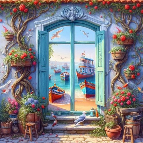 Sea View Window Diamond Painting Kits for Adults, 5D Diamond Art Painting by Numbers Kits, DIY Diamond Dots Art Kits, Full Round Drill Diamond Art Kits for Adults for Home Wall Decor, 14x14 inch