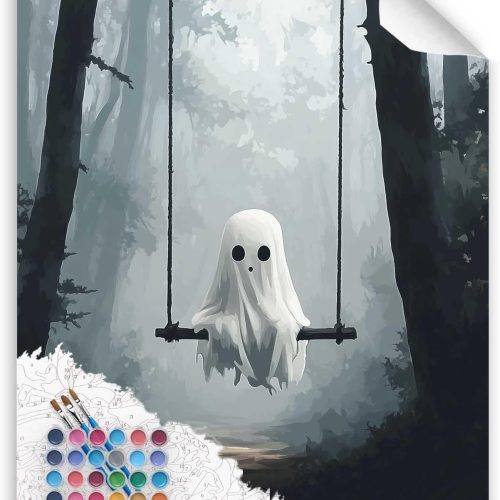 Ghost Sitting on Swing Paint by Numbers Kit for Adult, Halloween Paint by Number, Misty Forest Landscape Easy Acrylic DIY Oil Painting on Canvas for Gift Home Wall Decor(16x20inch, No Frame)
