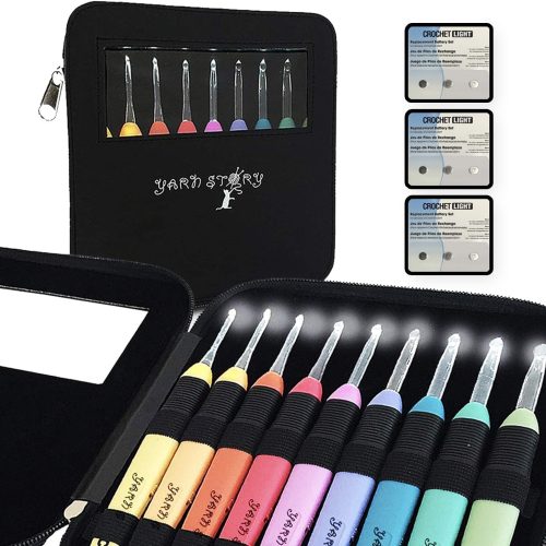 Yarn Story™ Lighted Crochet Hooks Complete Set 9/pkg - 9 pcs Light up Crochet Hook Set w/ 9 Extra Batteries – Crochet Lite Hooks – LED Crochet Hooks for Arthritic Hands Sizes 2.5 to 6.5mm (Black)