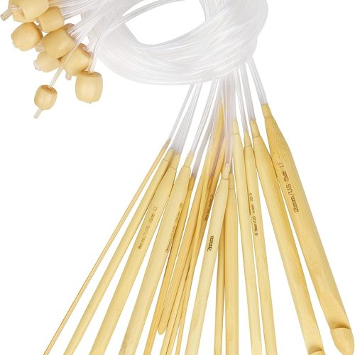 Bamboo Wood Crochet Hooks with Plastic Cable (16 Pairs) - 2-12mm Sizes - Tunisian Hook Needles Set with Bead Ends - for Knitting Yarn, Weave Craft and Crocheting Projects