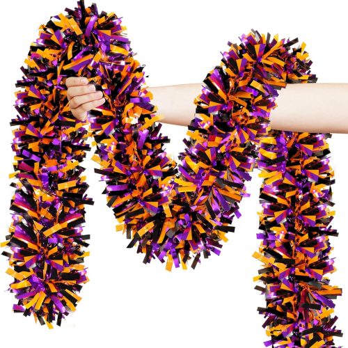 Lairyan 50FT Halloween Tinsel Garland Decorations, Shiny Orange Black Purple Metallic Twist Hanging Garland for Home Tree Stairs Indoor Outdoor Halloween Party Decorations