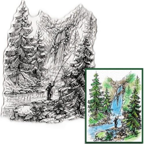 Waterfall Trees Background Clear Stamps for Card Making Journaling, Mountain Forest Silicone Stamps Fishing Man Rubber Stamps for Scrapbooking DIY Cards Album Crafts Supplies