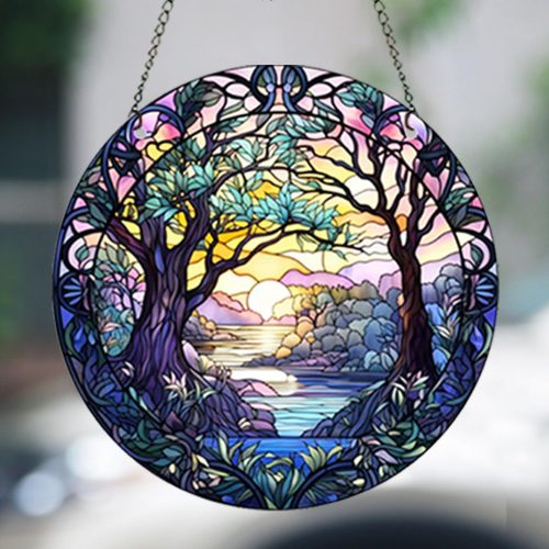 5.9'' Tree Life Acrylic Window Hanging Nature Round Sun Catcher Round Sun Catcher Home Decor Forest Stained Sun Catcher Window Decor Wall Art for Home Office Decoration (Style B)