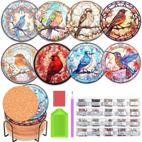 JHGCVX 8 Pcs Diamond Painting Coasters Kit, Hummingbird Diamond Painting Kits with Holder, Diamond Art Coasters for Beginners Adults